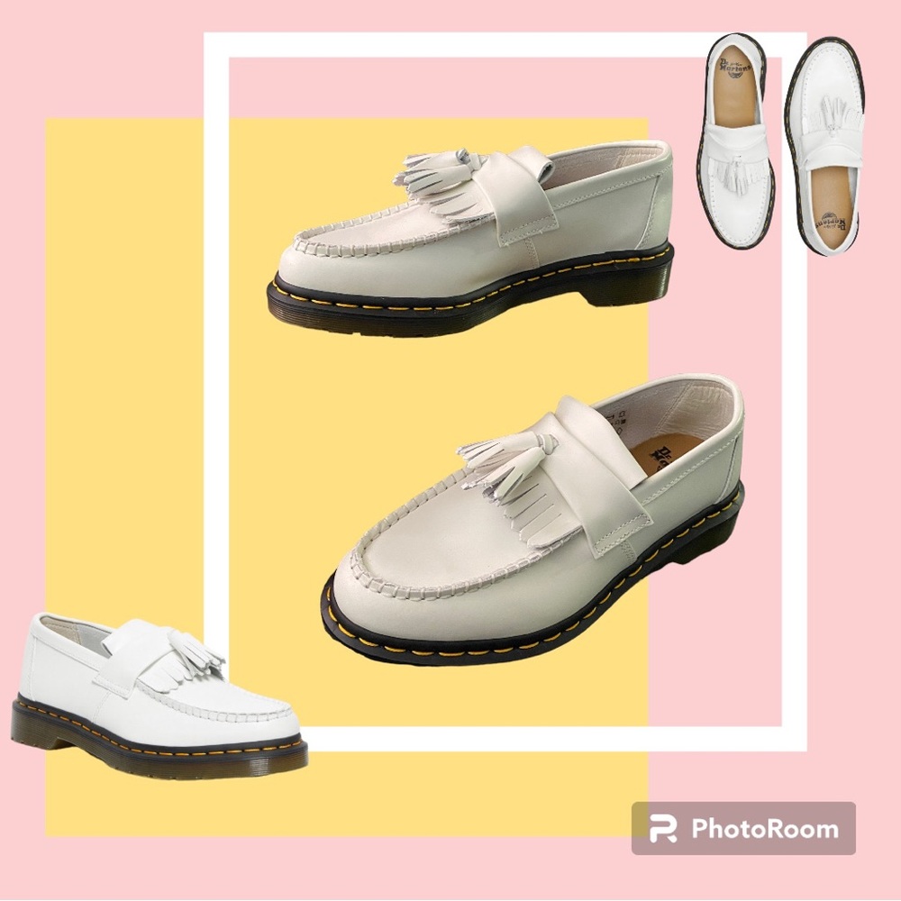White Doc Marten’s Adrian yellow stitch leather tassel loafers